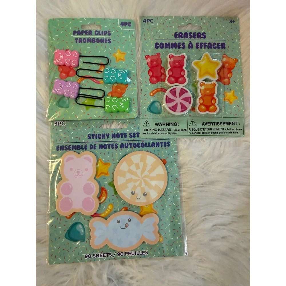 Gummy Bear Candy Stationery Set Paper Clips Erasers Sticky Notes 3pc Bundle